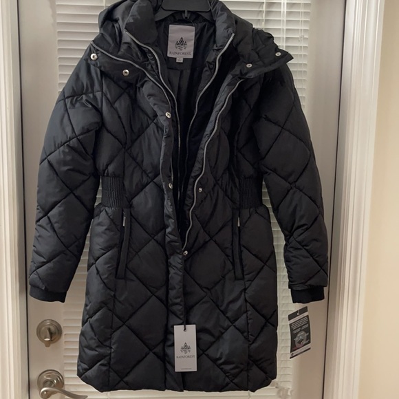 Rainforest Diamond Quilted Water Resistant Attached Hood Bib Vest Black Coat - Picture 3 of 14